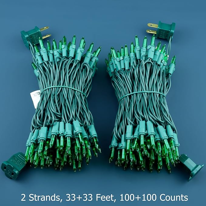 200 Green Christmas Lights, Pack of 2 Strands 100 Count 33 ft Green Wire Incandescent-Style LED String Light (Green)