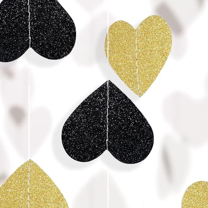 Black Gold Graduation Retirement Party Decorations: Metallic Glitter Heart Banner Garland Streamers Backdrop Confetti for Congratulations Birthday Wedding Anniversary New Year Décor - 52 Ft