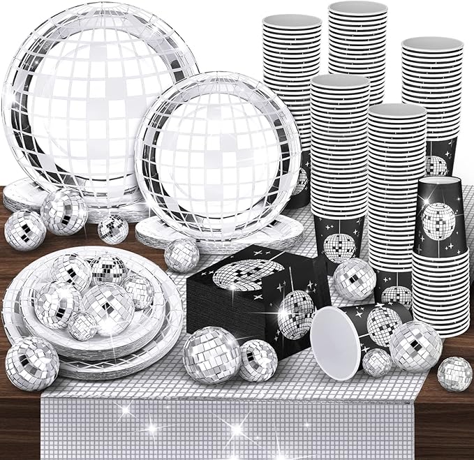 121 Pcs 70s 80s Disco Ball Christmas Party Decorations Disposable Paper Plates Napkins Cups Bachelorette Silver Balls Tableware Set for Wedding Cocktail Birthday Dancing Queen Party(Black, Silver)