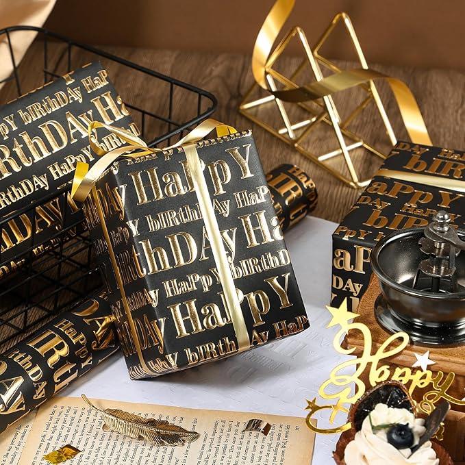 WRAPAHOLIC 3D Kraft Birthday Wrapping Paper Roll - Mini Roll - 17 Inch x 16.5 Feet - Gold and Black Happy Birthday Lettering Design with Embossed Perfect for Holiday, Party Celebration