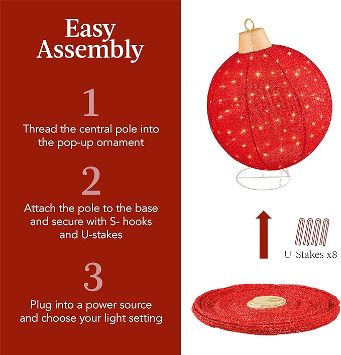 Best Choice Products 2pc Lighted Pop-Up Outdoor Christmas Ornament Set, Holiday Ball Decoration w/ 180 LED Lights, 8 Light Functions - Red/Gold