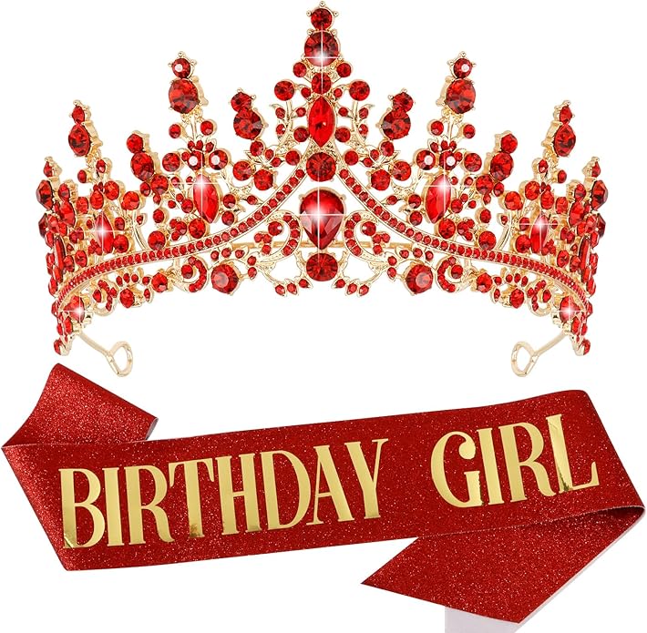 VELSCRUN Birthday Tiara Crowns for Women Girls Crystal Birthday Girl Headband Sash Elegant Princess Crown Happy Birth Party Decorations Women Sisters Birth Gift Hair Accessories