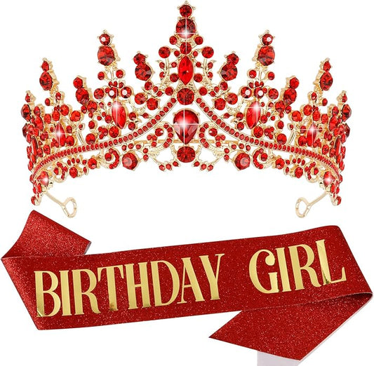 VELSCRUN Birthday Tiara Crowns for Women Girls Crystal Birthday Girl Headband Sash Elegant Princess Crown Happy Birth Party Decorations Women Sisters Birth Gift Hair Accessories