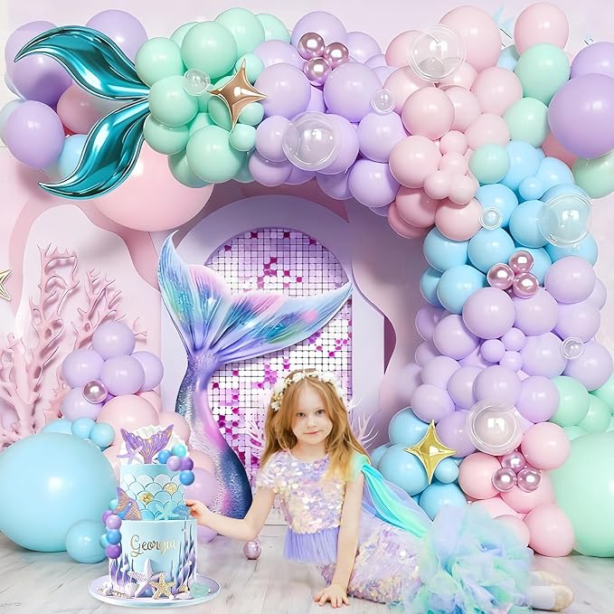 Mermaid Balloon Arch Kit Purple Pastel Pink light Blue Balloons with Mermaid Tails Foil Balloons Garland for Ocean Themed Party Baby Shower Decorations