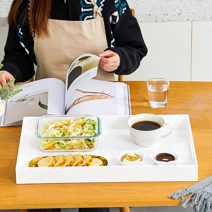 Glossy White Sturdy Acrylic Serving Tray with Handles 12x20x2H Inches -Spill Proof- Decorative Trays Countertop Organizer for Ottoman Coffee Table Nightstand, sidetable, Breakfast, Tea, Food