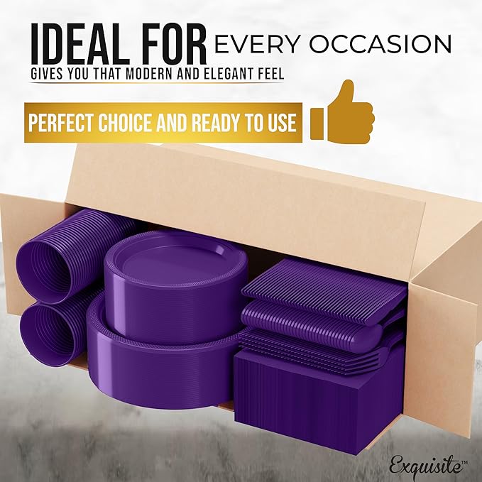 Party Solids 350 Pieces Purple Plastic Plates For Party, Purple Disposable Plates Set, 50 Of Each 9" Dinner Plate Set, 7" Dessert Plate, Cups, Napkins & Cutlery Plastic Dinnerware