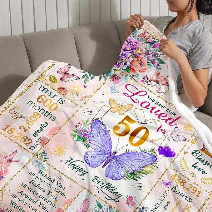 50th Birthday Gifts for Her Women, 50 Year Old Gifts for Women, Soft Purple Butterfly Flower Blanket for Anniversary Christmas, 50th Birthday Decorations for Woman, Warm Plush Fuzzy Blanket 80"X60"