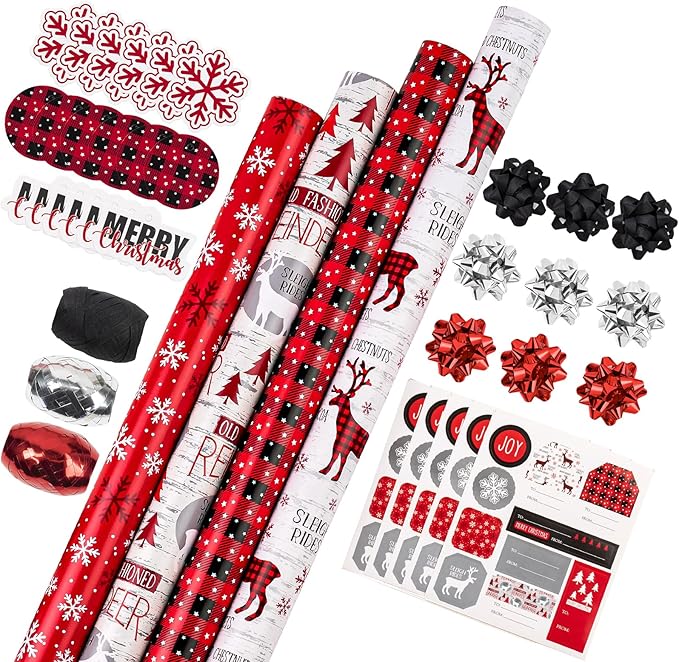 WRAPAHOLIC Christmas Wrapping Paper Set - Reindeer, Snowflake, Plaid Wrapping Paper Bundle with Gift Bow & Ribbon & Tag & Sticker