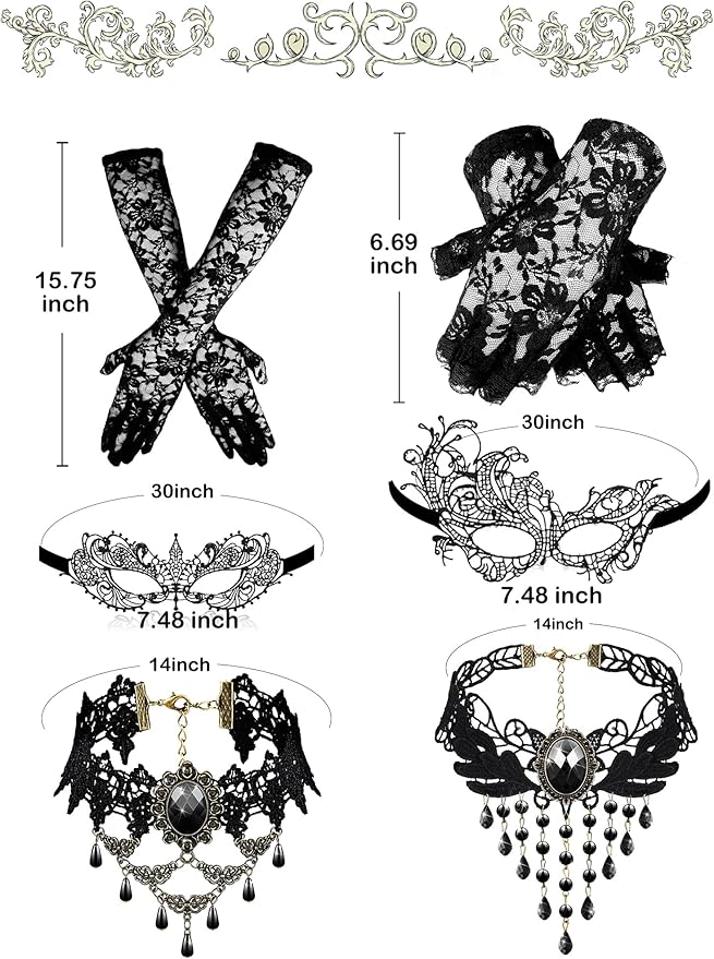 Newcotte 6 Pcs Masquerade Mask for Women Lace Mask Choker Necklace Glove for Christmas Halloween Venetian Party 80s 90s
