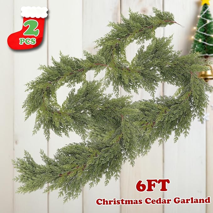 6FT Real Touch Cedar Garland, Christmas Artificial Cedar Garland, Artificial Cypress Leaf Vine Wreath for Mantle/Table/Stairs/Outdoor Indoor Christmas Decorations (2PCS)