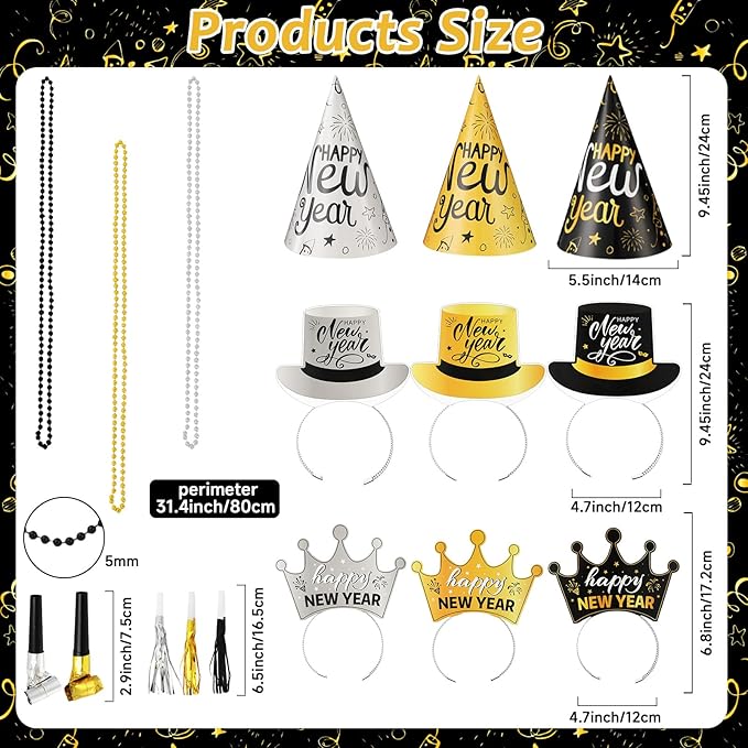 84Pcs New Year’s Eve Party Supplies for 24 Guest Black Gold Wearables Noisemakers 2026 Happy New Year Party Decoration include Cone Hats Tiaras Tassel Squawkers Beaded Necklace Great Party Favors