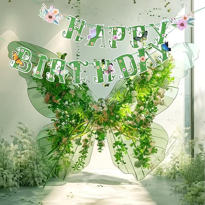 SUNBEAUTY Summer Wildflower Happy Birthday Banner Green Spring Butterfly Flowers Banner Summer Spring Butterfly Birthday Garland Sign Party Decorations Set | Pre-Strung