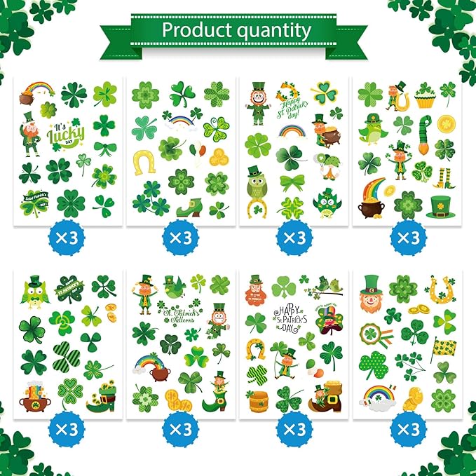 24 St. Patrick's Day Stickers - Four Leaf Clover, Lucky Shamrock Clover, Irish Decor Green Day Stickers for Teens, Girls, Kids, Adults