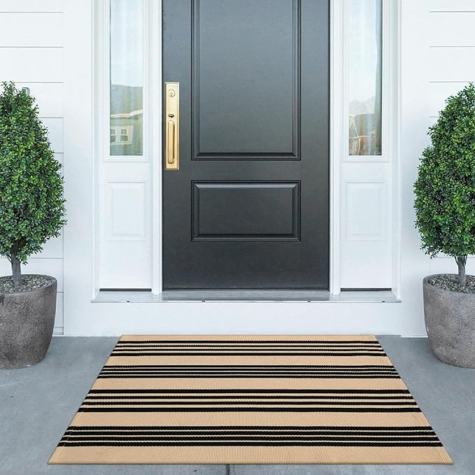 KIMODE Fall Outdoor Rug Decor 27.5"x43", Black and Khaki Striped Front Porch Rugs,Reversible Washable Front Door Mats,Hand Woven Welcome Layered Doormat Entryway Rug for Entrance Doorway
