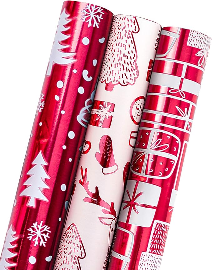 MAYPLUSS Wrapping Paper Roll - Mini Roll - 17 inch X 120 inch Per roll - 3 Different Red and White Christmas Design with Glitter Metallic Foil Shine (42.3 sq.ft.ttl)