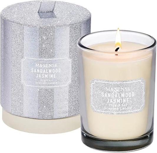 M&SENSE Sandalwood Jasmine Scented Candles, Classic Size 8.8 oz Glitter Jar Candle, Holiday Natural Candles Gifts for Women, 50 Hours Long Burning Candle for Winter Home Decor