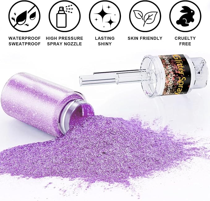 Mystic Purple Body Hair Glitter Spray 10g, Ultra Fine Holographic Shimmer Mist for Festival Makeup, Rave, Nightclub Glow, E-Girl Face Body Sparkle, DIY Craft Nail Art