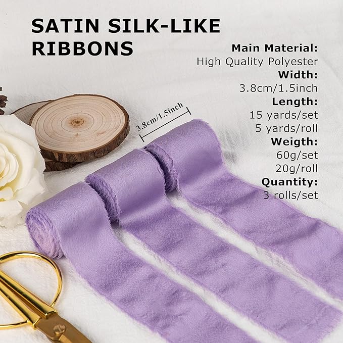 Satin Silk Ribbon, Purple Ribbon for Wrapping, 1-1/2 inch x 15 Yd Handmade Frayed Fringe Ribbons, for Wedding Engagement Birthday Showers Crafts Flower Bouquets Invitation Decor, 3 Rolls