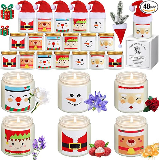 48 Pack Christmas Scented Candles Jar Set Include 24 Pcs 7oz Soy Wax Aromatherapy Candles and 24 Pcs Mini Santa Hat Holiday Party Favor Gift Bulk for Women Men Adult Coworker