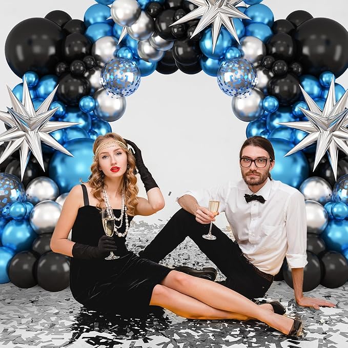 Blue Silver Black Balloon Arch Kit,Balloon Garland with Blue Confetti Star Foil Balloons for Graduation Baby Shower Birthday Anniversary Retirement Party Decorations