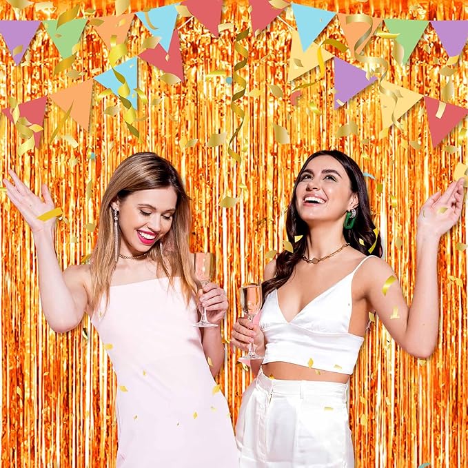 6 Pack Orange Foil Fringe Curtains Backdrop, 3.28 x 9.8 Ft Metallic Streamers Tinsel Curtains Background for Photo Booth, Birthday, Halloween, Christmas, Thanksgiving, New Year Party Decorations