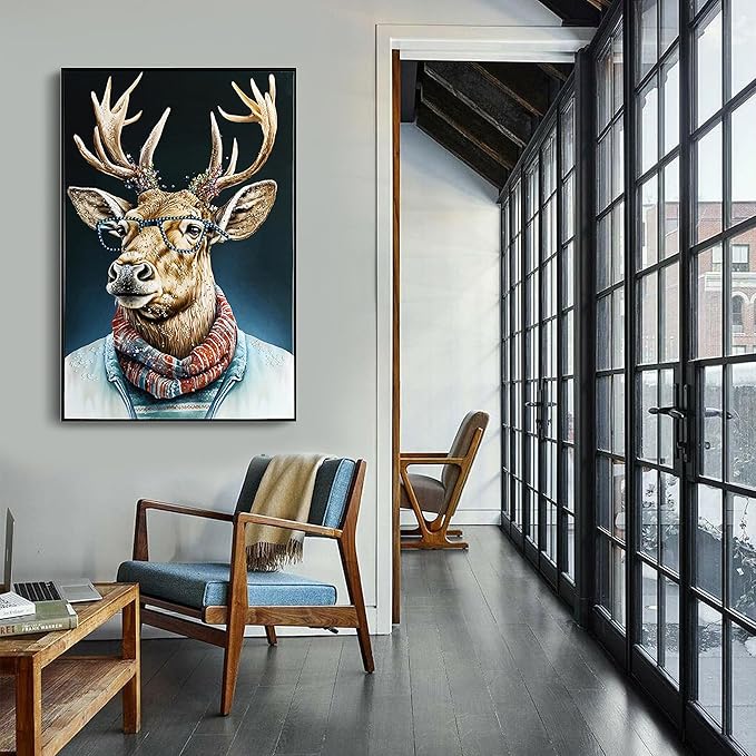 YPGEAME Deer Pictures Wall Decor, Framed Wall Art, Deer with Blue Glasses And Red Scarf, for Halloween and Christmas Decorations in Living Rooms, Bedrooms, and Offices, 24×36 in