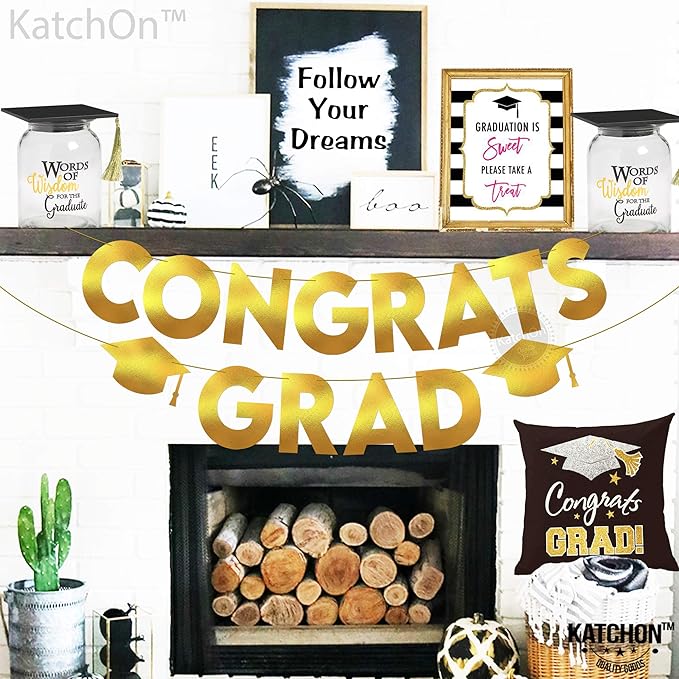 KatchOn, Glitter Gold and Black Congrats Grad Banner - 10 Feet | Gold and Black Grad Banner, Cap Garland for Graduation Cap Decorations 2025 | Graduation Decorations 2025