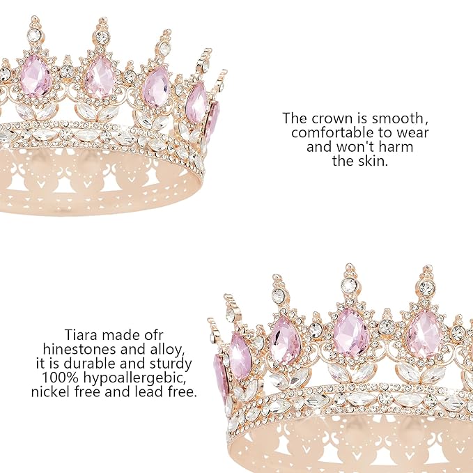 Queen Crown Rhinestone Wedding Crowns and Tiaras for Women Costume Party Hair Accessories Princess Birthday Crown Crystal BridalCrown(Rose Gold Pink Crown)