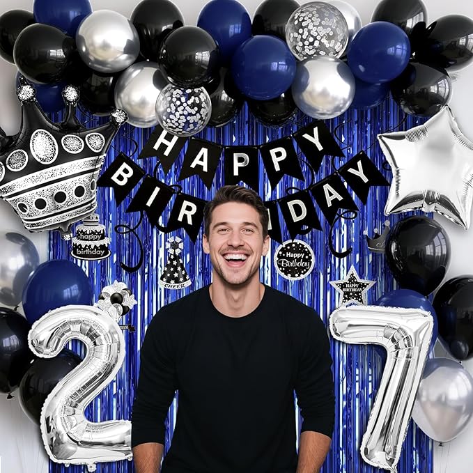 27th Birthday Decorations for Men and Women, Black Blue Silver Happy Birthday Number 27 Balloons, Banner, Fringe Curtains Garland Kit - 27 Year Old Party Supplies