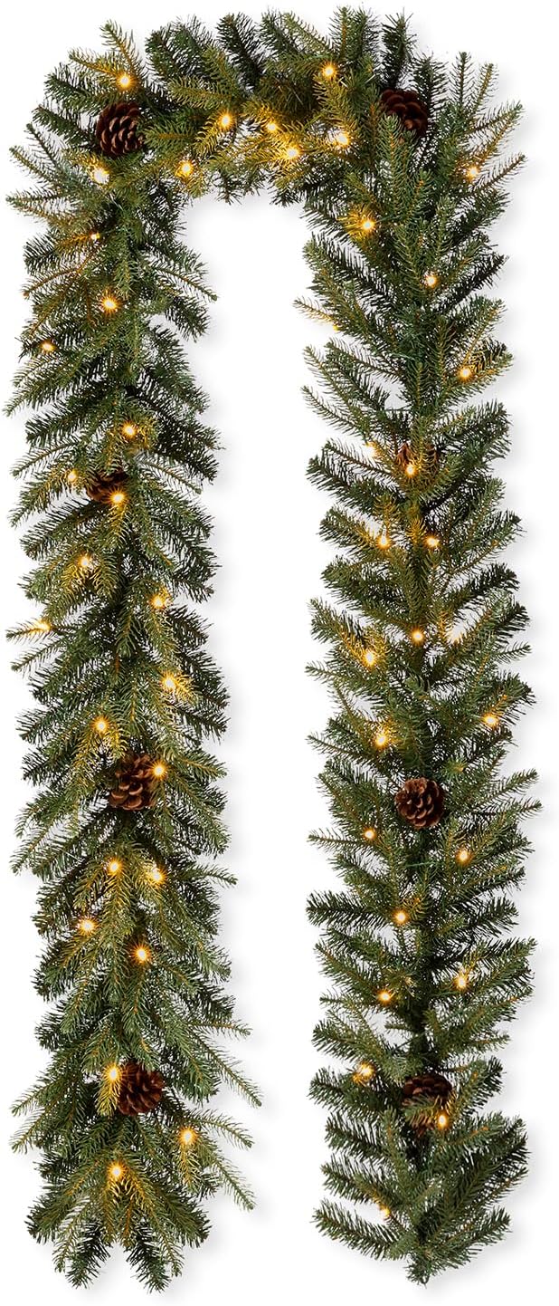 Glitzhome 9ft Pre-Lit Christmas Garland, Greenery Garland with Pine Cones Warm White LED Lights and Timer Pine Garland for Mantle Fireplace Stairs Front Door Window Christmas Party Decorations