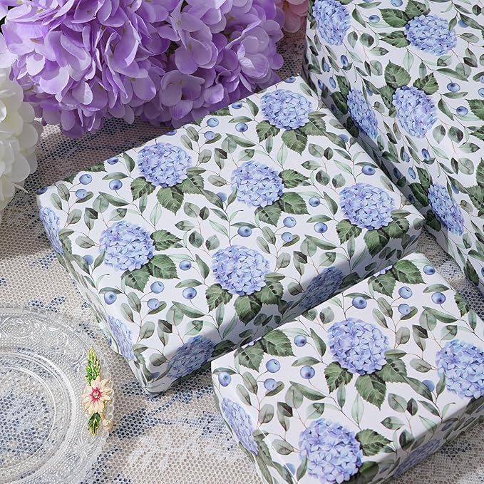 ZINTBIAL Hydrangea Floral Wrapping Paper Roll - Blue Watercolor Floral Design, 17 Inches x 16.5 Feet, Gift Wrap for Wedding, Bridal Shower, Birthday, Mother's Day, Cut Lines on Back