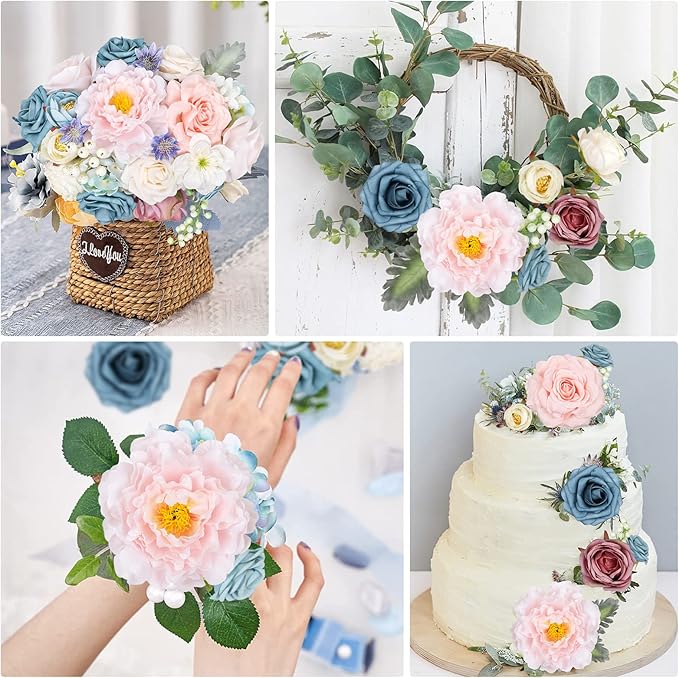 AmyHomie Blue Pink Artificial Flowers Combo Silk Mix Peony Rose Hydrangea Daisy Fake Flowers w/Stem for DIY Wedding Bouquets Centerpieces Arrangements Table Decor Party Bridal Baby Shower Home Decor