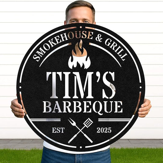 Custom BBQ Grill Metal Sign Personalized Name Wall Art for Outdoor Barbecue Patio Kitchen Backyard Decor Gift for Dad Husband Men Papa Grandpa Father Grilling Enthusiasts Family Lover Funny Gifts 10