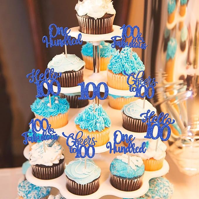 30PCS Happy 100th Birthday Cupcake Toppers One Hundred Cheers to 100 Years Birthday Cupcake Picks Hello 100 Fabulous Cake Decorations for Happy 100th Birthday Anniversary Party Supplies Blue