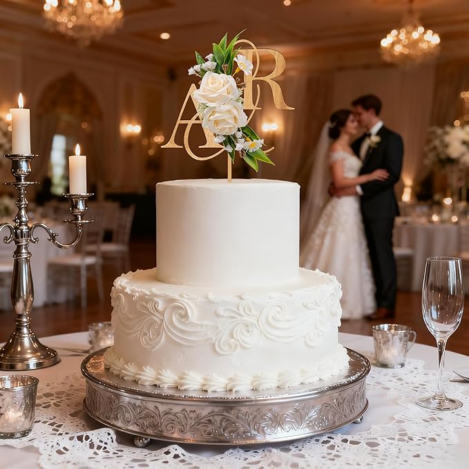 Wedding Cake Topper with 3D Artificial Flowers and Green Leaves Custom Initials Personalized Wooden Anniversary Cake Decoration (Oak Finish)