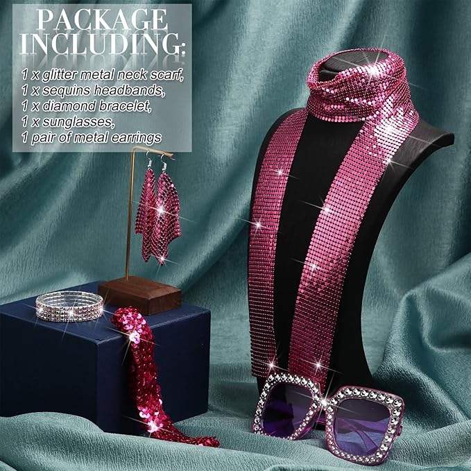 Sasylvia 5 Pcs 70s Disco Accessories Halloween Women Costume Jewelry Sequin Scarf Earrings Sunglasses Bracelet Headband