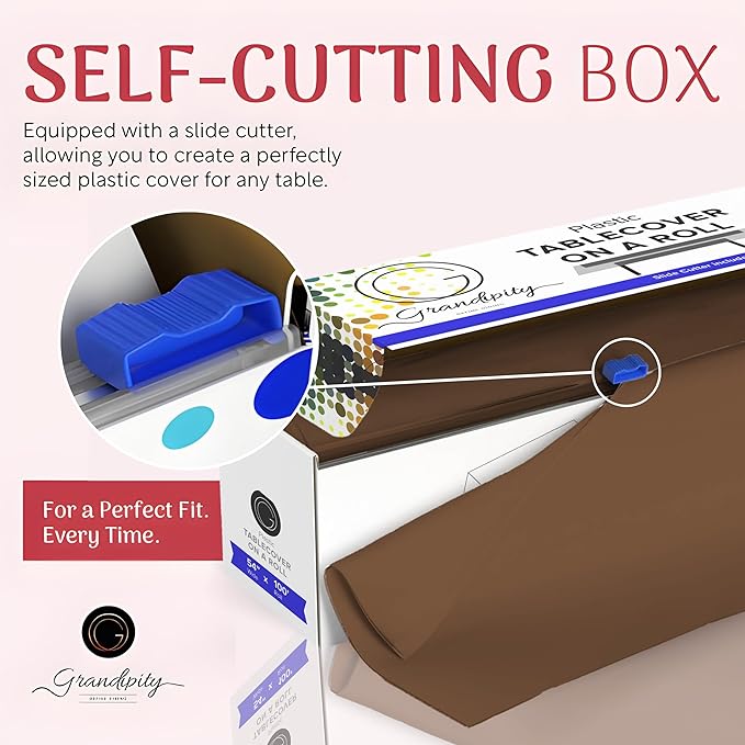Grandipity Plastic Tablecloth Roll - 54in x 100 Ft. Brown Plastic Table Cloths for Parties Disposable with Cutter Box - Cut to Size Disposable Tablecloth Table Cover for Rectangle & Round