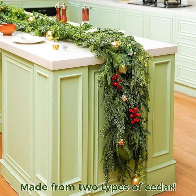 Realistic Christmas Garland for Mantle 6FT Real Touch Thick/Lush Artificial Cedar Garlands Christmas Decorations for Stairs Railing Outdoor Fireplace Table Xmas Holiday Decor(Eucalyptus Cedar, 6 FT)