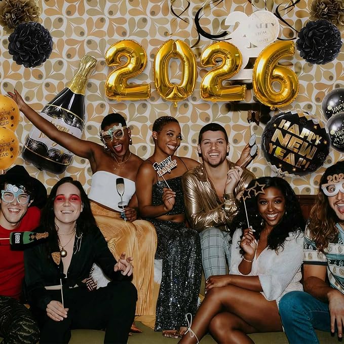 Happy New Year Party Decoration 2026 - New Years Eve Party Supplies 2026 Foil Balloon, Happy New Year Banner, New Years Photo Props, Gold Black Bunting Swirl Streamers, Pom Poms New Years Décor