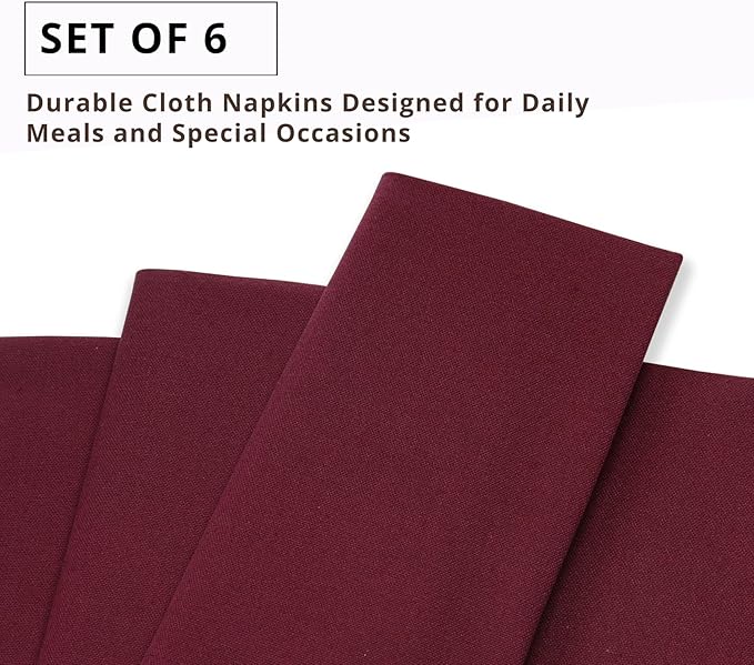 PurpleEssences Set of 6 Cloth Dinner Napkins 100% Cotton 18x18 Inch - Soft Durable Washable - Ideal for Farmhouse Party Christmas Holiday Winter - Perfect Everyday Use Table Linen - Burgundy