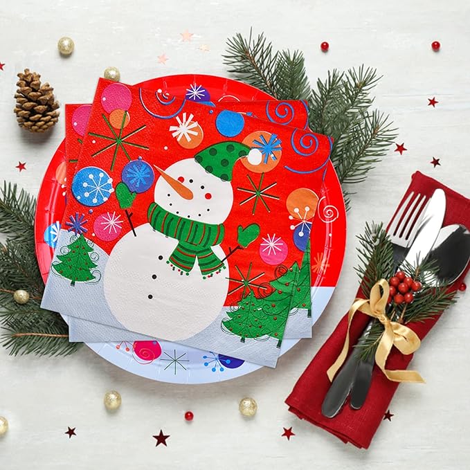 Gatherfun Christmas Party Supplies Christmas Snowman Disposable Paper Dinner Plates and Napkins for party decorations, Serve 50