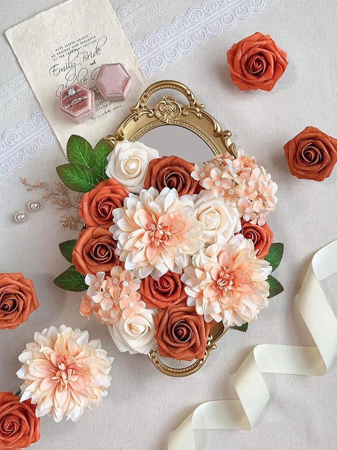 Roses Artificial Flowers Orange Fake Flower Bulk for DIY Wedding Bouquets Bridal Baby Shower Centerpiece Table Decorations Silk Faux Floral Arrangements for Party Home Decor Cake Decorating