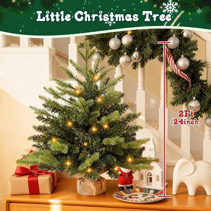 Joyhalo 2ft Small Christmas Tree with Lights Multicolor and Warm White, Pre Lit Table Top Christmas Tree with Remote, 107 Branches Mini Xmas Tree for Room Office Classroom Decoration