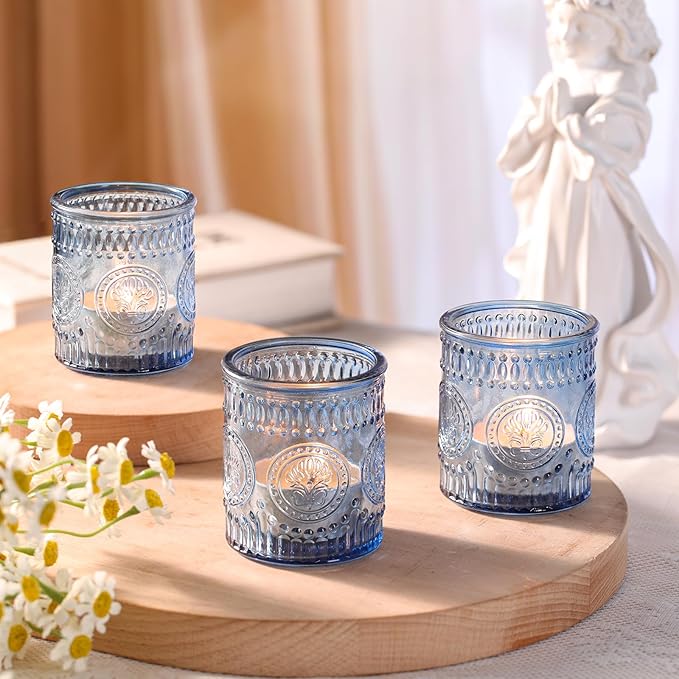 12 Pcs Blue Votive Candle Holders, Glass Tea Light Candle Holders for Wedding Table Centerpiece, Home Decor, Birdal Shower, Party