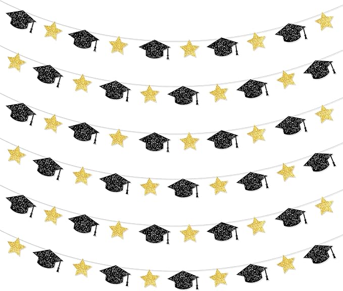 KatchOn, Graduation Cap Garland - 10 Feet, No DIY | Grad Garland Class of 2025, Black and Gold Grad Decorations 2025 | Grad Cap Decor for Graduation Decorations 2025