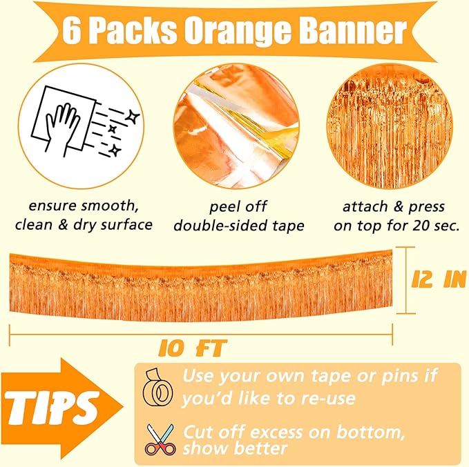 6 Pack 10 Feet Foil Fringe Garland Metallic Tinsel Banner Wall Hanging Curtain Streamers Backdrop for Parade Floats Bachelorette Wedding Birthday Party Thanksgiving Christmas Decorations(Orange)