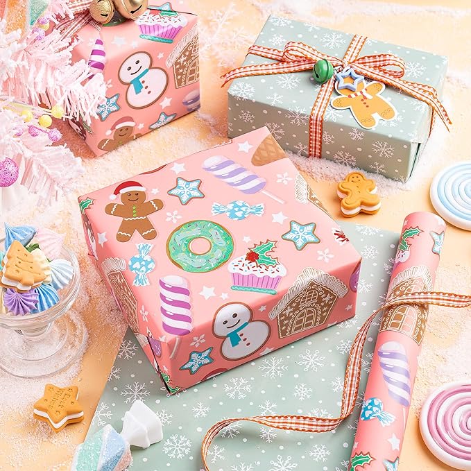 RUSPEPA Christmas Reversible Wrapping Paper Roll for Kids, Mini Roll, Gingerbread, Donut, Candy Cane Design and Light Green Snowflake, Ideal for Holiday Gifts and Christmas, 17 Inches x 16.4 Feet