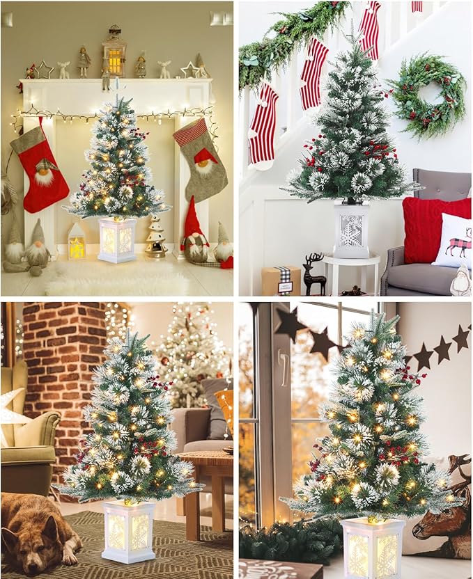 3 ft Prelit Premium Snow Flocked Artificial Christmas Tree with 8 Mode Warm White Led, Mini Prelit Xmas Pine Tree for Christmas Decoration,Yard,Home,Office,Outdoor,Indoor