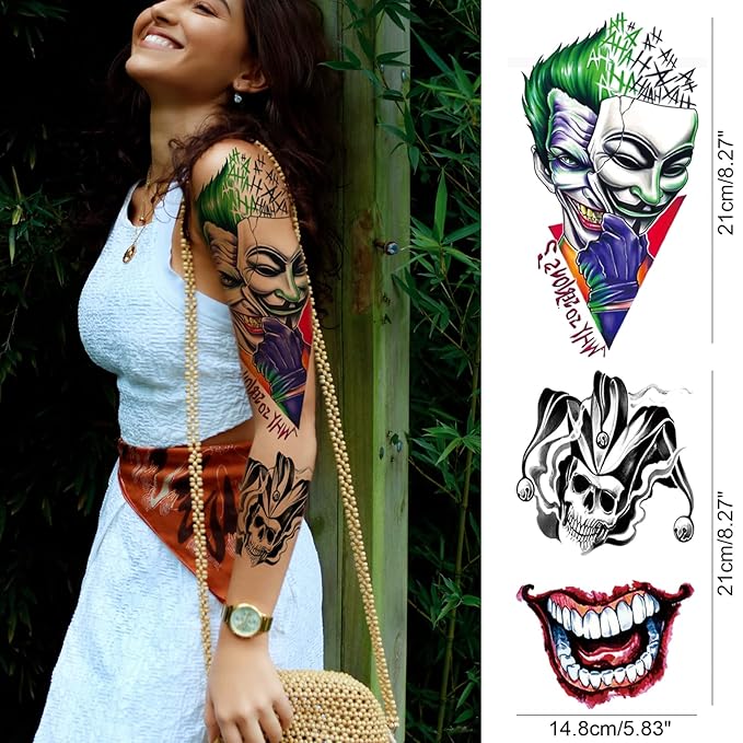 Colorful Temporary Tattoo Sleeve for Kid, 4-Sheet Full Arm Watercolor Realistic Fake Sleeve Tattoo Sticker Halloween and 4-Sheet Large Skull Joker Half Temp Tatoo Boy Girl Leg Party Favor Body Art