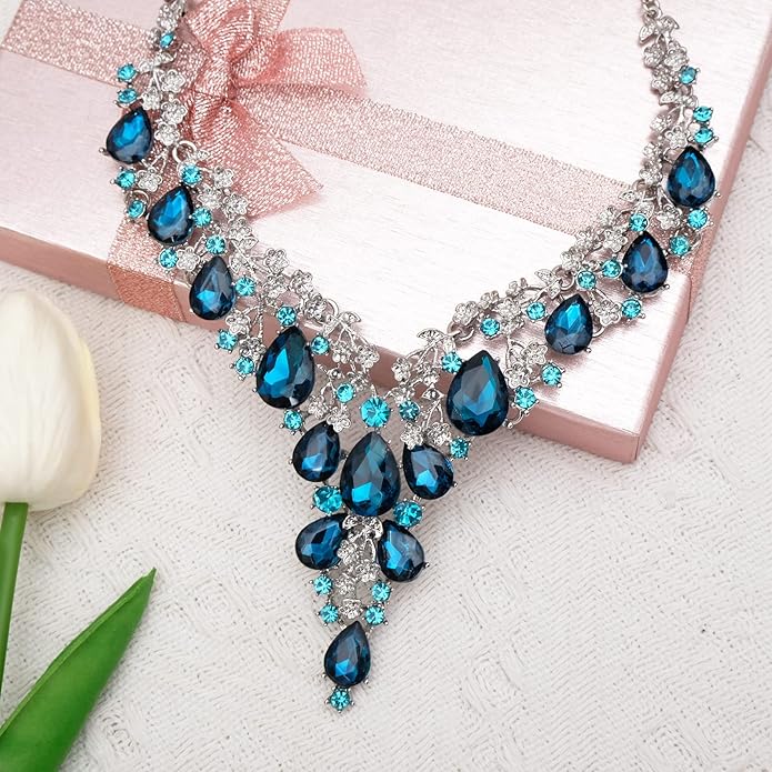 CSY Elegant Crystal Costume Jewelry Sets Flower Bridal Necklace Earrings Stretch Bangle Set for Bride Bridesmaid Wedding Dress Accessories